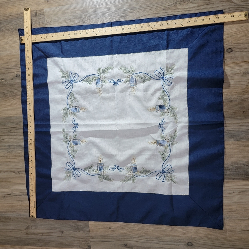 33"x33" Handmade Embroidered Table Cloth Square Christmas Themed Navy And White - Picture 2 of 6